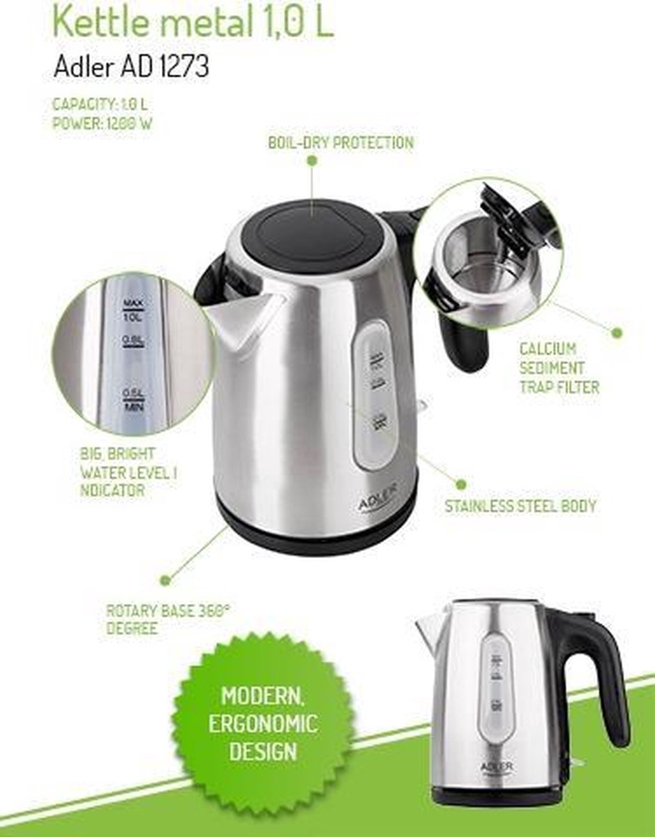 Adler AD 1273 - Waterkoker - RVS - 1.0 liter — afbeelding 6