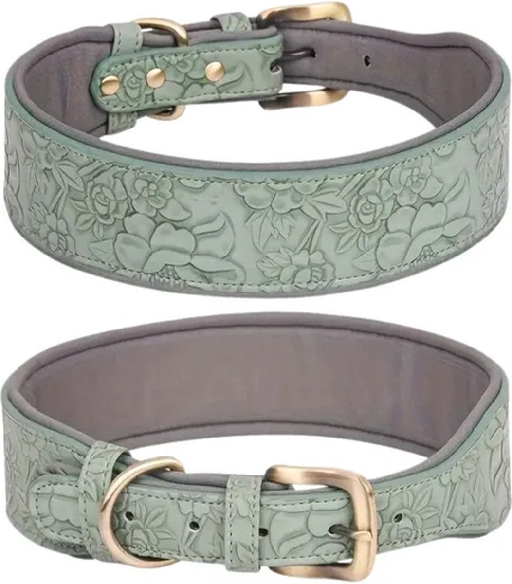 Honden halsband Leer - Luxe Honden Halsband Leer - Groen maat L - Groene halsband hond leer - Petshop Seven®