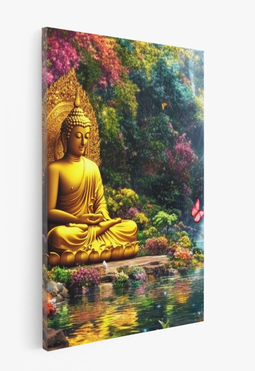 Saammp Canvas Schilderij - Boeddha in bloementuin - Abstract - 60x90 - Foto op canvas - Wanddecoratie - Muurdecoratie Woonkamer - Slaapkamer decoratie - Canvas Print Multicolor