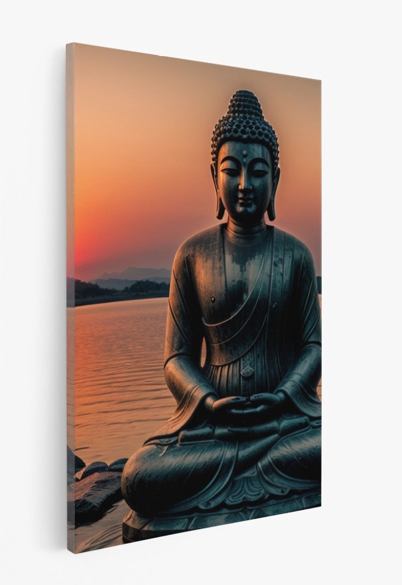 Saammp Canvas Schilderij - Boeddha bij het water tijdens Zonsondergang - 60x90 - Foto op canvas - Wanddecoratie - Muurdecoratie Woonkamer - Canvas schilderijen Multicolor
