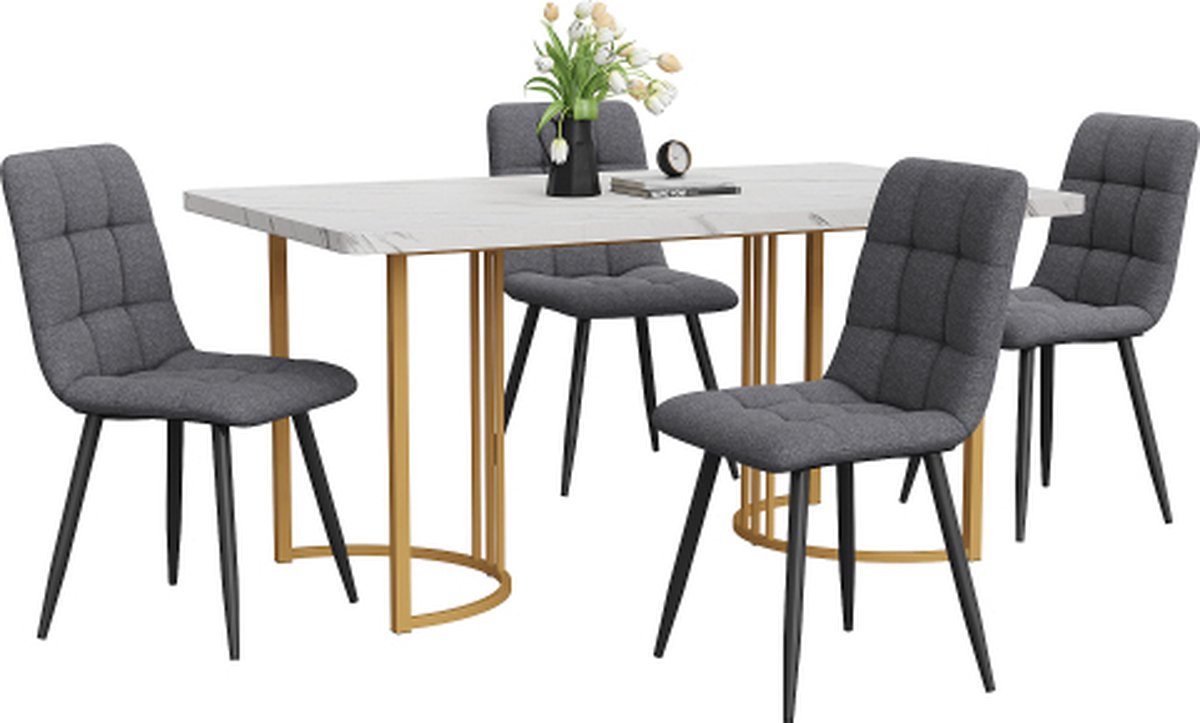 Gotagee Eetset (5-delig) Eettafel met 4 stoelen set Donkergrijs Linnen Eetkamerstoelen Keukentafelset met Gouden metalen poten MDF tafelblad in wit