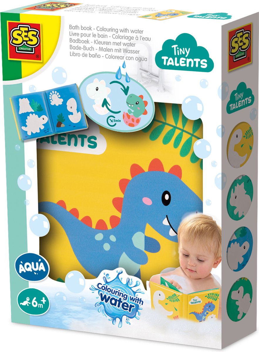 SES Creative - Tiny Talents - Waterkleurboek - Dinosaurussen - kleur met water - herbruikbaar badboekje - ontdek 15 verrassingen per pagina - rommelvrij kunstplezier - peuter speelgoed - vanaf 6 maanden