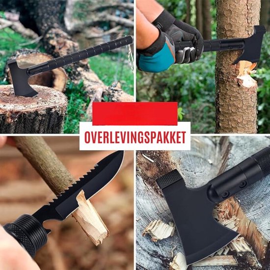 Overlevingspakket - Survival Bijl - 11-in-1 Multitool Bijl - Outdoor bijl met 11 Functies - Bijl, Vuursteen, Mes, Wetsteen, Zaag, Hamer en Nog Veel Meer - Ideaal Overlevingsgereedschap - Zwart — afbeelding 3