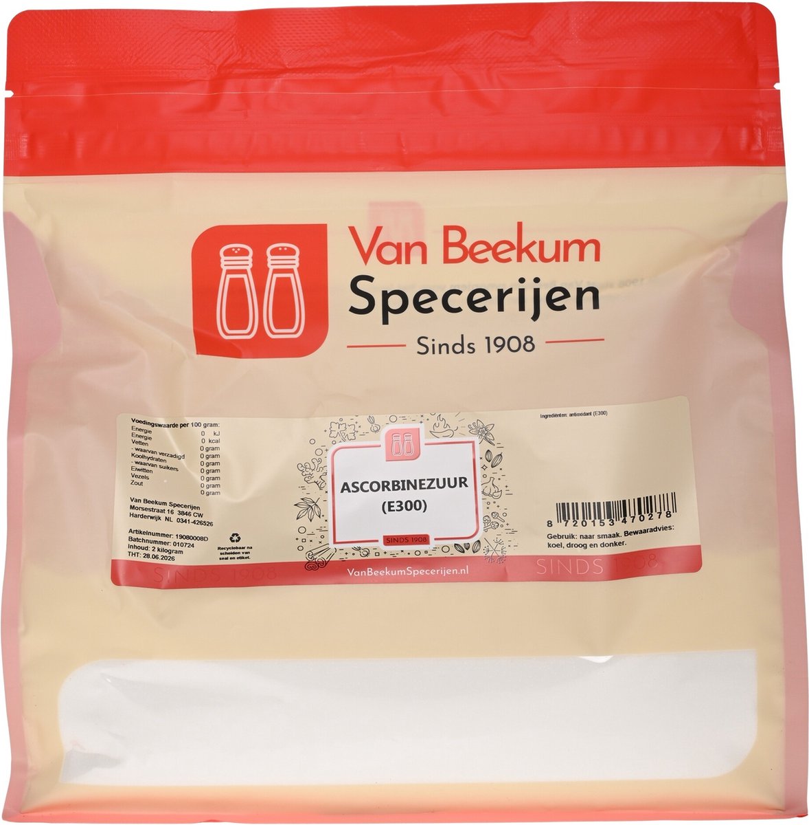 Goedkoopste Van Beekum Specerijen - Ascorbinezuur (vitamine C poeder) E300 - 2 kilo (hersluitbare stazak