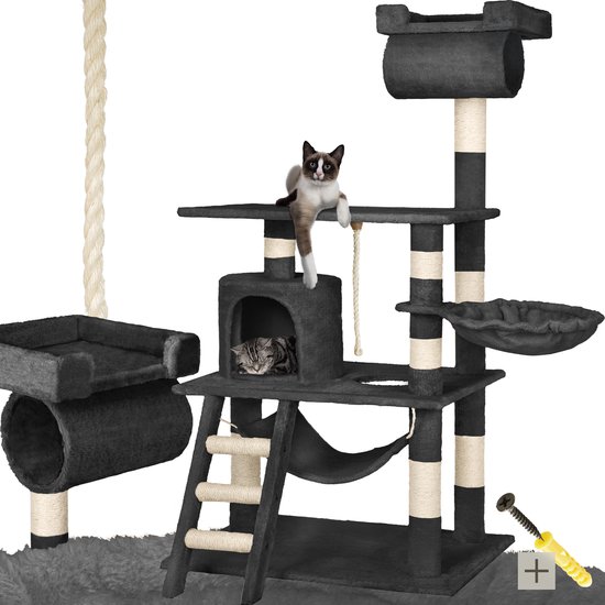 Arbre à chat noir à plusieurs niveaux, comprenant une niche, un hamac et un tunnel, avec des chats et du matériel de fixation.