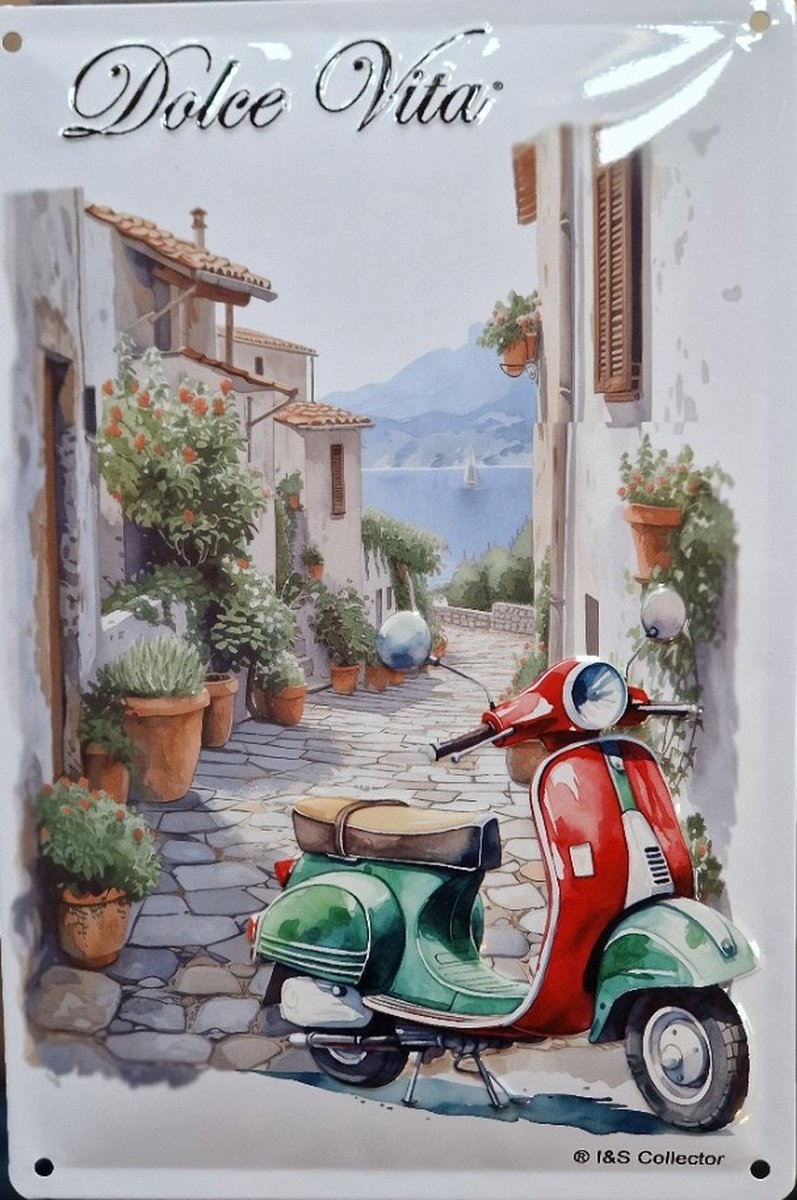 Dolce Vita Italiaans Straatbeeld met Scooter . Metalen wandbord in reliëf 20 x 30 cm.