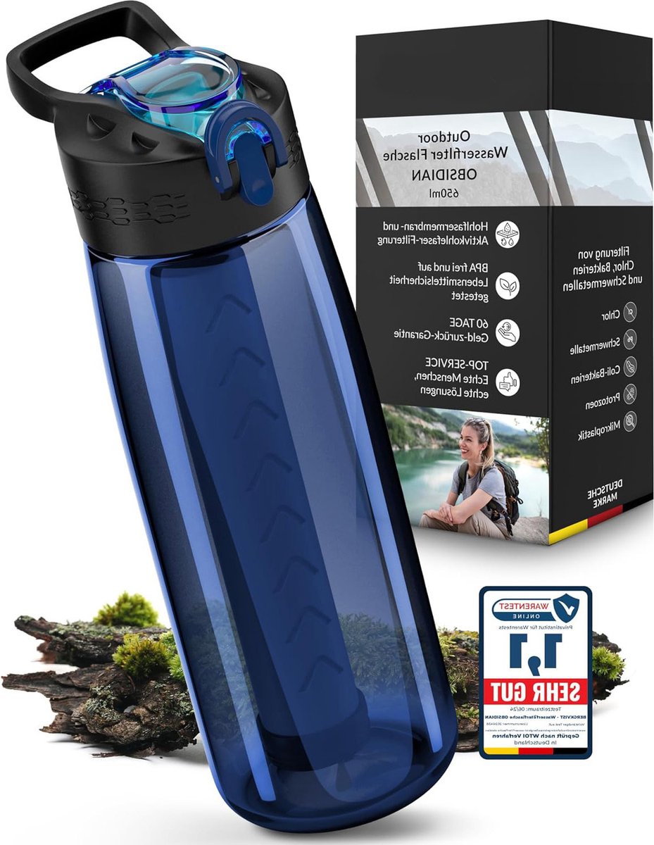 oCreon Outdoor Waterfilter 650ml met Kompas - Drinkfles voor Camping & Survival (Blauw)