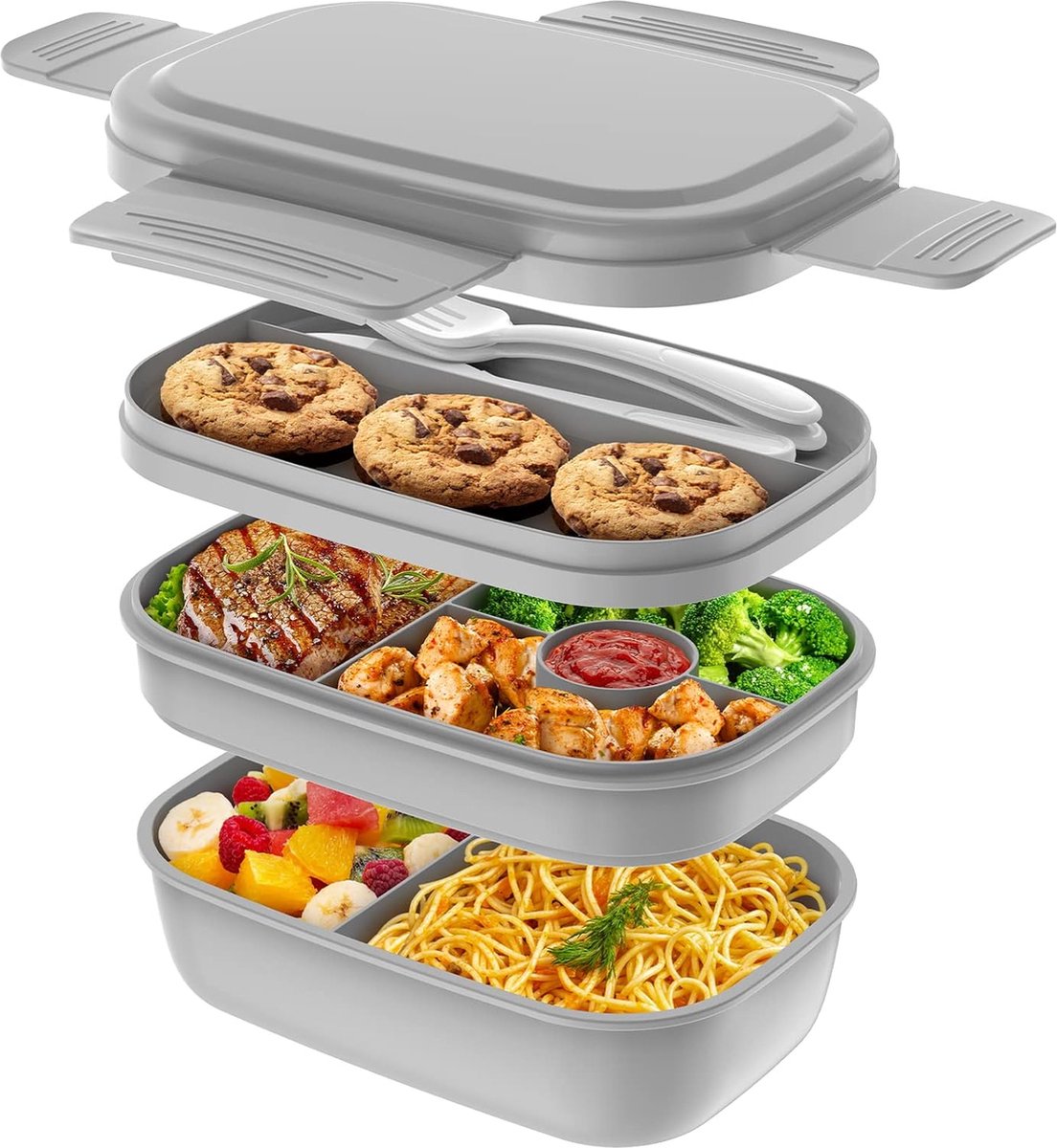 Goodivery ® Ruime en Lekvrije Lunchbox met Compartimenten voor Volwassenen, 1900 ml, Grijs