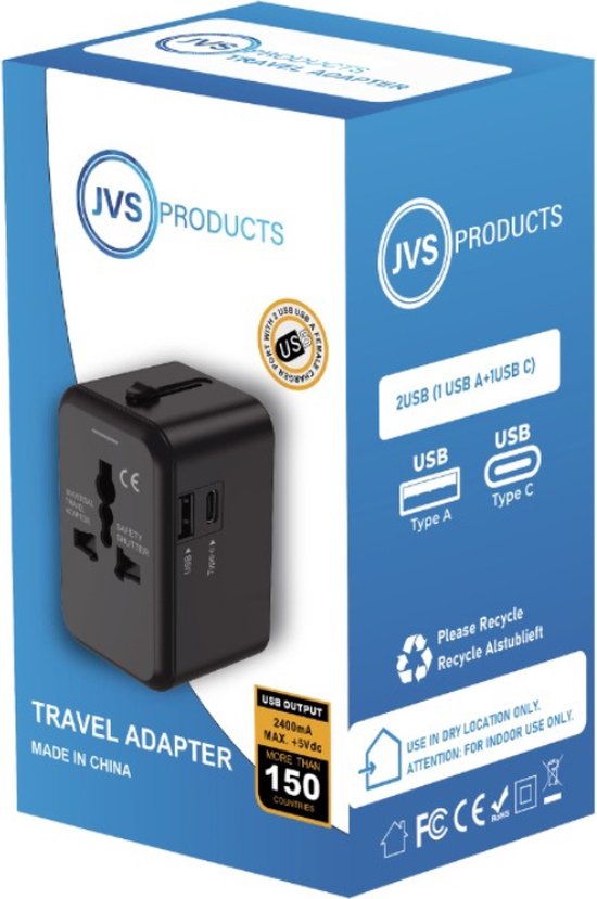 Universele wereldstekker - Reisstekker - Internationale Reisadapter - USB-C en USB-A - 150+ Landen - Amerika (USA) - Zuid Amerika - Engeland (UK) - Azië - Europa - Afrika - Wereldstekker lichtgewicht - Zwart