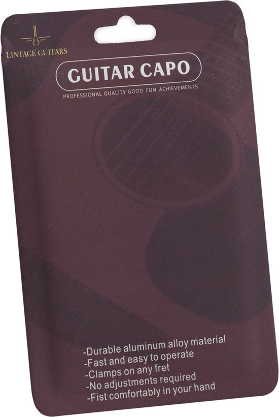 Verpakking met "GUITAR CAPO", "LINTAGE GUITARS" en producteigenschappen.