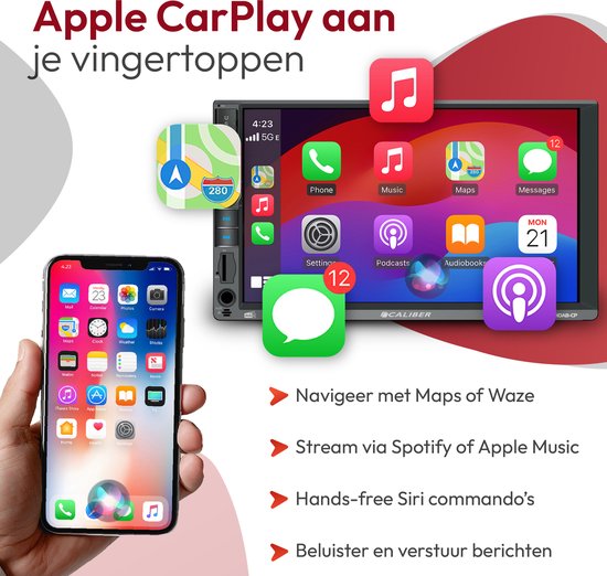 Caliber autoradio met Apple CarPlay en iPhone weergave van apps zoals Phone, Music en Maps.