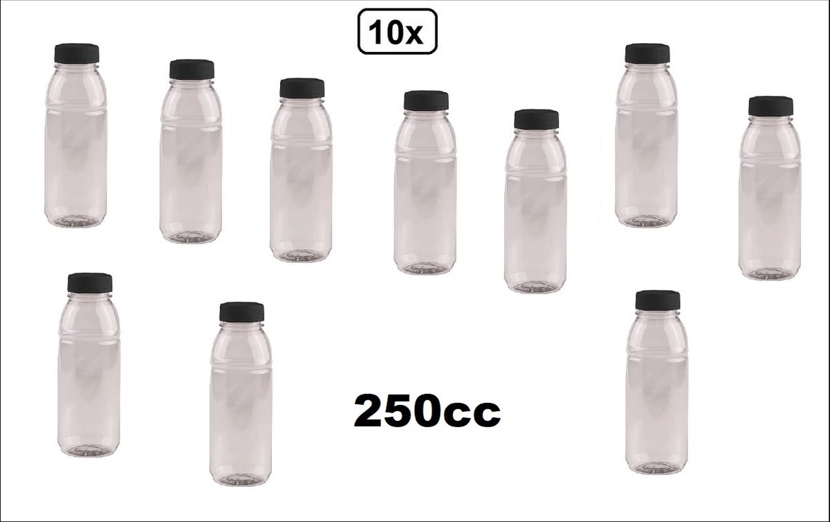 10x Flesje PET helder 250cc + zwarte dop - 38mm x 140mm - drink fles vruchten sap limonade drank festival thema feest