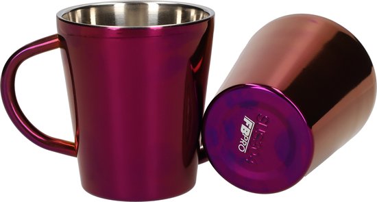 RVS mok - Set van 2 - Dubbelwandige drinkbekers - Duurzaam - Met oor - Mug - Roestvrijstalen beker - Regenboog Rood