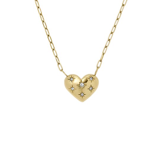 Gouden ketting met een hartvormige bedel bezet met vijf sprankelende sterren.