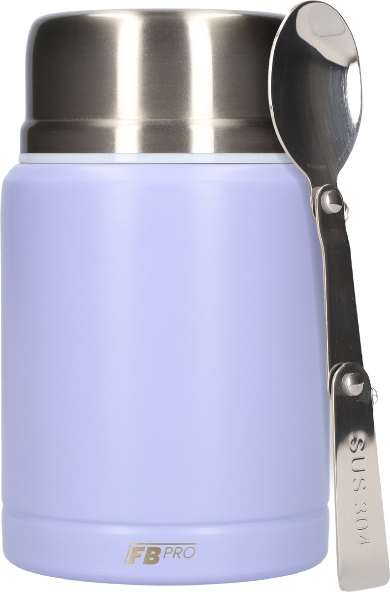 Thermos Voedselcontainer met Lepel - Thermoskan - Thermosfles - Voedsel container voor soep, noodles, babyvoeding, havermout, ijs en meer! - Yoghurt beker to go - Thermosbeker voor het meenemen van eten - Licht Paars - 450ml