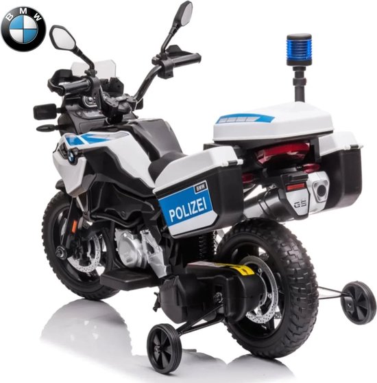 Elektrische politiemotor in wit met blauwe striping, 'POLIZEI'-opschrift en een blauwe zwaailamp. De motor heeft opbergboxen en zijwieltjes.