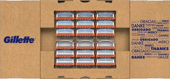 Kartonnen verpakking met 12 Gillette Fusion5 scheermesjes, georganiseerd in een raster. "Gillette" logo.