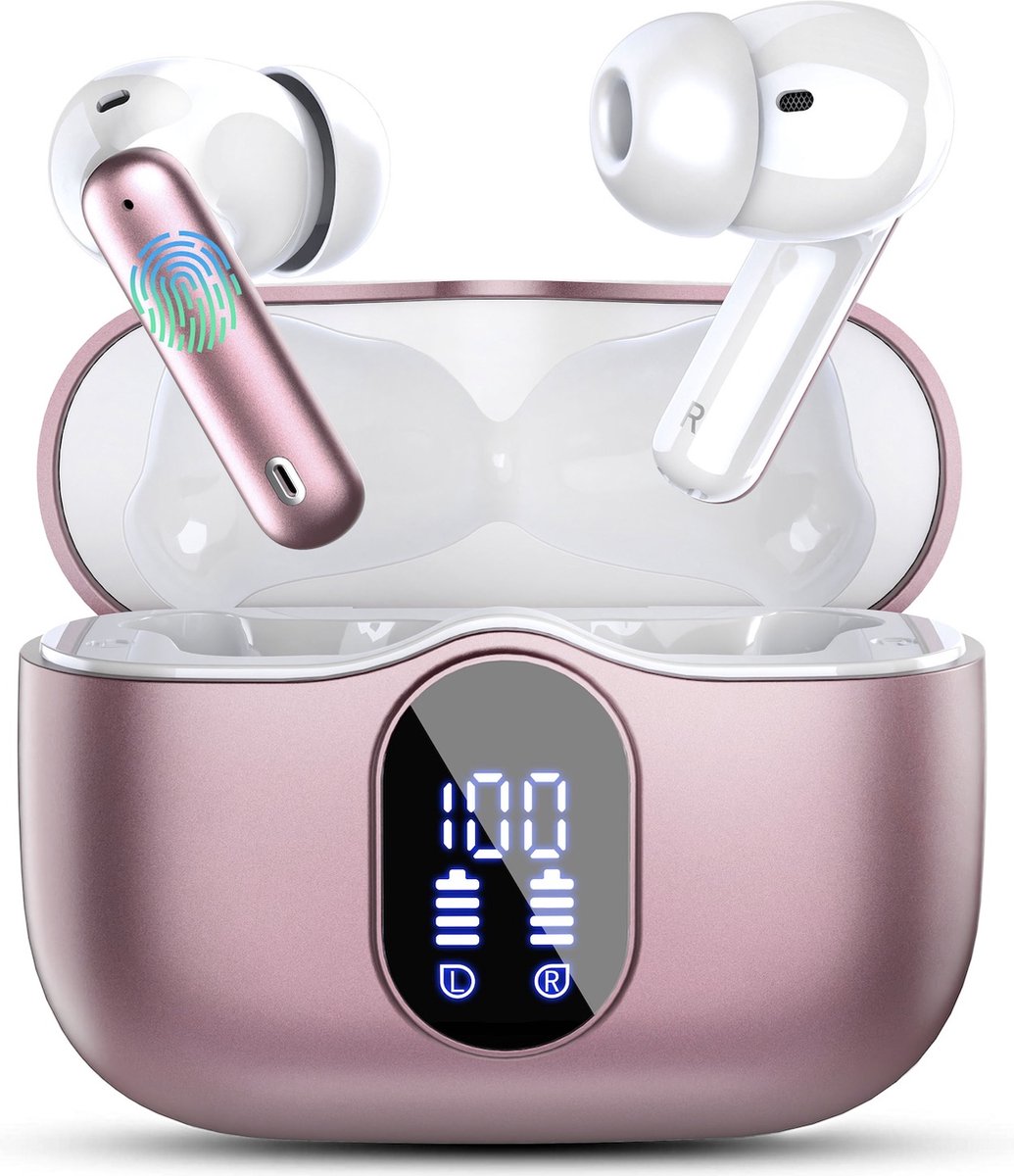 PrimeSound Sky Pro Draadloze Oordopjes - Active Noise Cancelling - LED Display - Bluetooth 5.3 - Rosé Goud