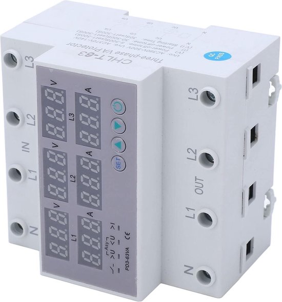 3-fasen DIN-rail Voltmeter Vermogensmeter, AC230-300V Digitale Ampèremeter Automatische Overspanningsoverstroombeveiliging, 3-fasen Watt Kwh Ampère Elektriciteitstester (40A