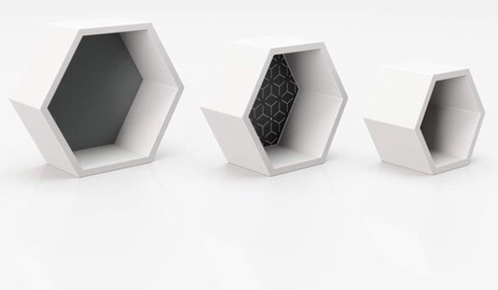 Ensemble de 3 étagères murales de forme hexagonale blanches avec paroi arrière colorée - étagère décorative étagère flottante hexagonale - étagère de collection