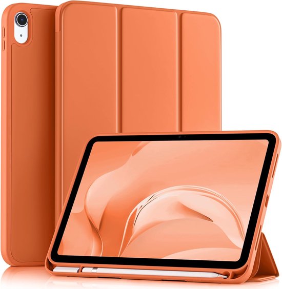 Oranje tablethoes in gesloten en open positie, met stylus, voor Apple iPad.