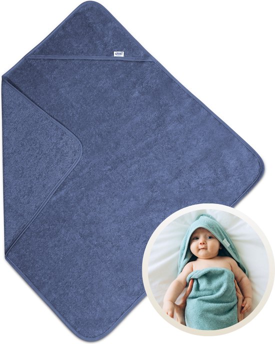 Funnies Badcape Silk Blue 100x100 cm - 100% Katoenen Badstof - Zachte en Absorberende Baby Badcape - Handdoek met Capuchon - Grote Omslagdoek - Dikke Badstof - Voor na het Badderen - Makkelijk Wasbaar en Geschikt voor Gevoelige Huid