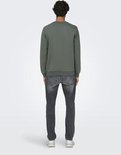 Achterkant van man die naar de camera kijkt. Draagt effen groene sweater en grijze jeans.