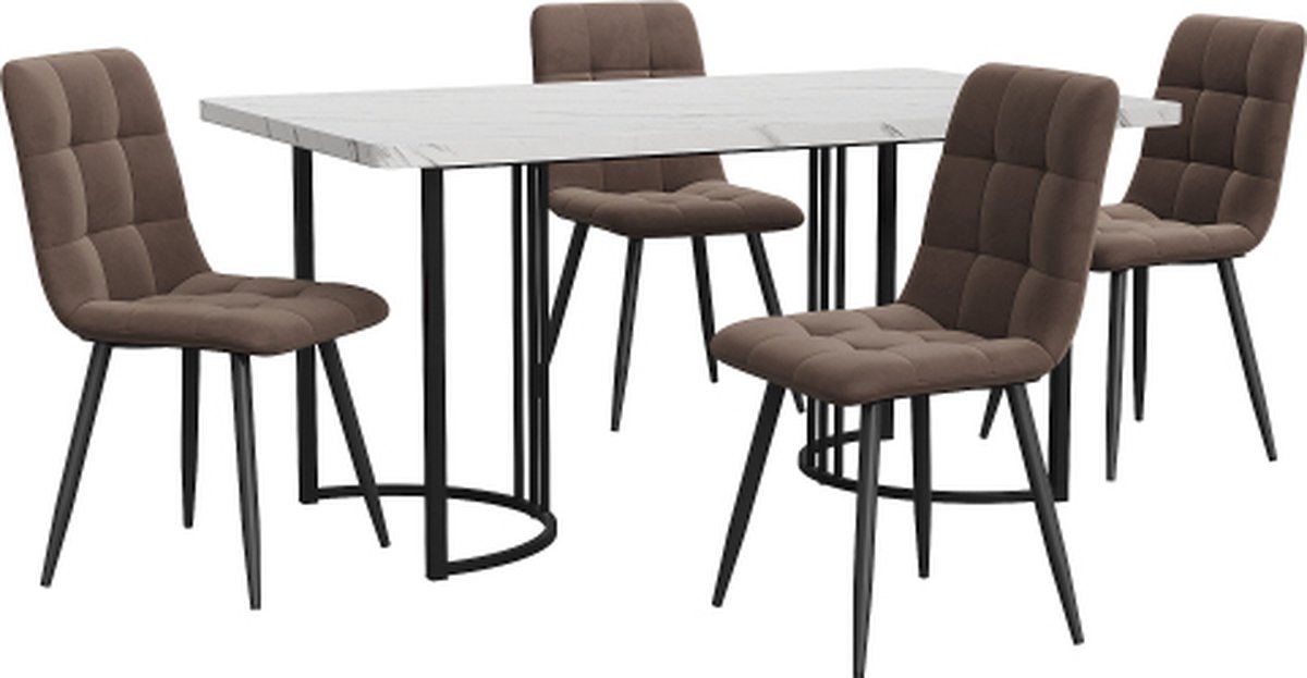 Gotagee Eetset (5-delig) Eettafel met 4 stoelen set Bruin Fluweel Eetkamerstoelen Keukentafelset met Zwarte metalen poten MDF tafelblad in wit