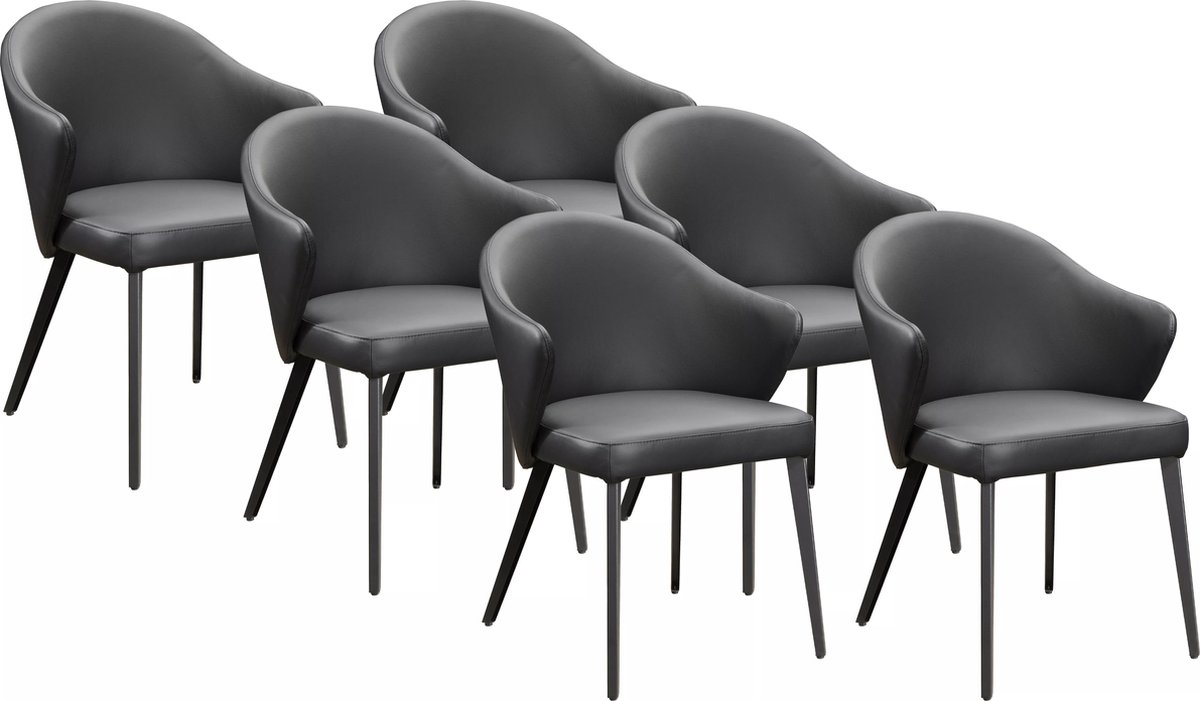 Vente-unique Set van 6 Stoel met armleuningen van leer en staal - Zwart - MIBELLY van Maison Céphy