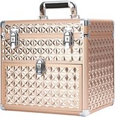 Gesloten rosegouden beautycase met diamantpatroon, handvat en sloten.