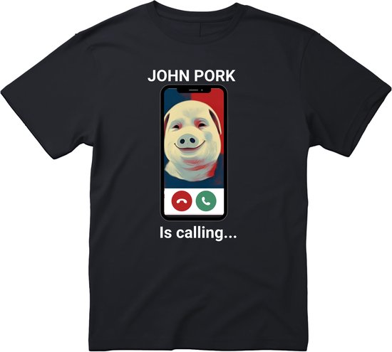 Zwart t-shirt met opdruk van een smartphone die belt, met "JOHN PORK" en "Is calling..."