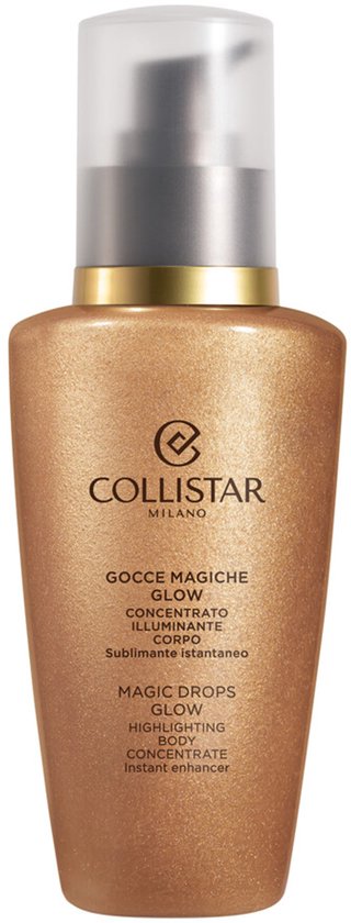 Collistar flacon met pompdispenser. Koperkleurig met glitters, tekst "Magic Drops Glow Highlighting Body Concentrate".