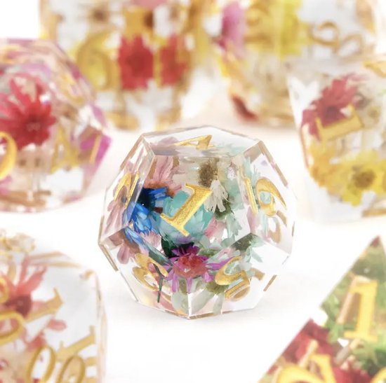 Ensemble de dés Joya Kids® Dungeons and Dragons | Set de Dés DnD Polydice | Ensemble de dés D&D | Ensemble de 7 pièces en résine | Coffre de rangement de Luxe inclus | Transparent avec des Fleurs colorées