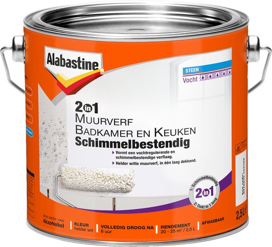 Alabastine 2 In 1 Badkamer en Keuken Muurverf - Wit - 2,5 liter