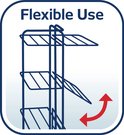 Illustratie van een droogtoren waarbij de zijsteunen naar buiten kunnen klappen, wat flexibel gebruik aangeeft.