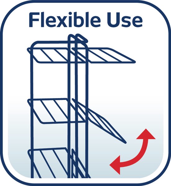 Illustratie van een droogtoren waarbij de zijsteunen naar buiten kunnen klappen, wat flexibel gebruik aangeeft.