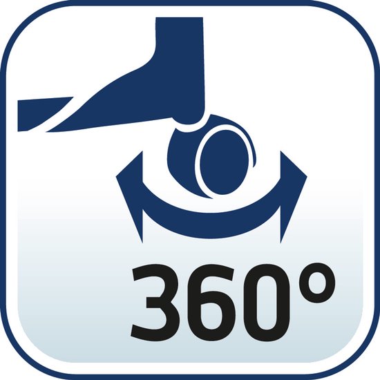 Pictogram van een zwenkwiel met een 360 graden pijl, wat duidt op mobiliteit.