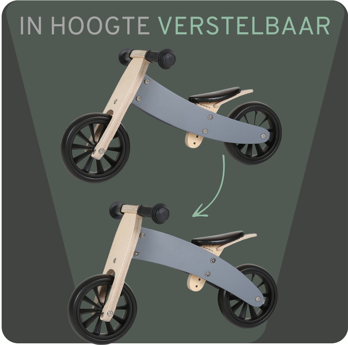 Bandits & Angels Smart Bike Loopfiets Hout 4-in-1 Grijs vanaf 1 jaar - Voor Jongens en Meisjes - Houten Loop Fiets - Omkeerbaar in Driewieler en Tweewieler - Verstelbaar Zadel — afbeelding 8