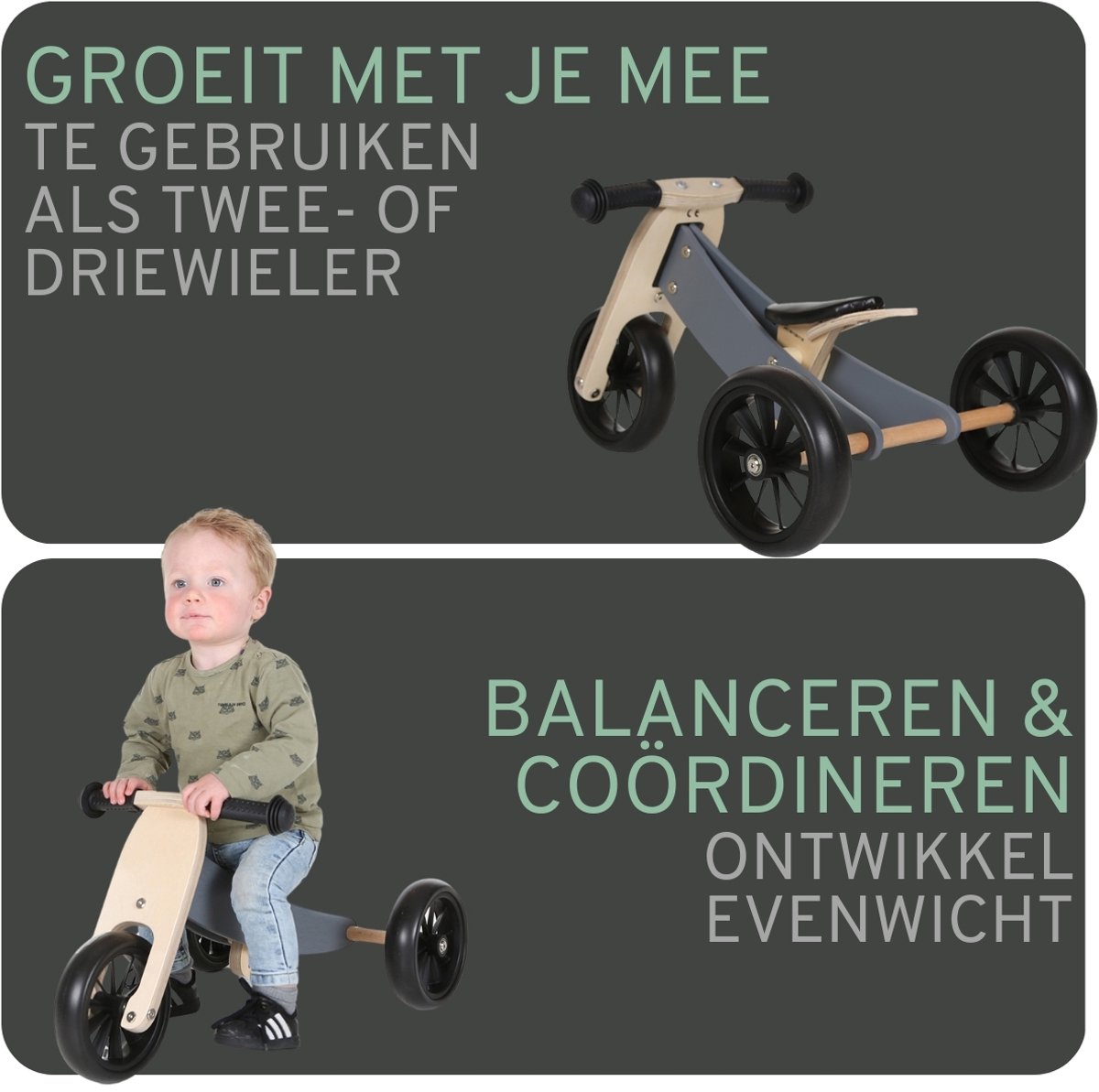 Bandits & Angels Smart Bike Loopfiets Hout 4-in-1 Grijs vanaf 1 jaar - Voor Jongens en Meisjes - Houten Loop Fiets - Omkeerbaar in Driewieler en Tweewieler - Verstelbaar Zadel — afbeelding 5