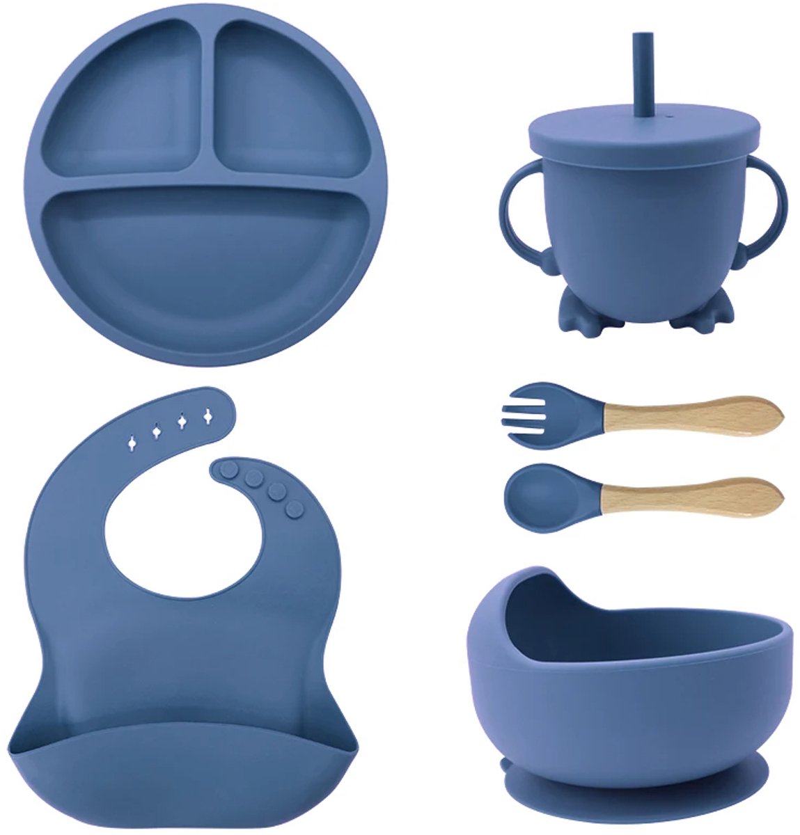 Baby Silicone Feeding Set- 6 pcs - blue/blauw**GRATIS 16Pcs Clear Baby Safety Bumper Protector** - Kinderservies - Baby servies - Baby eetset