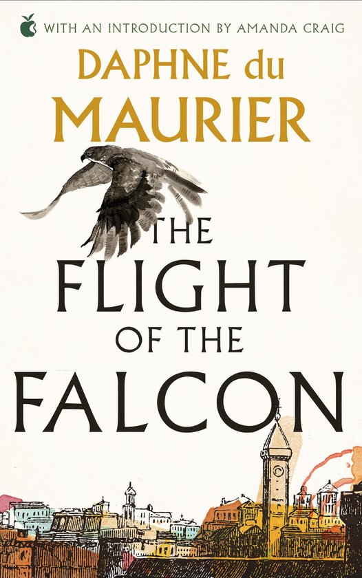 Boek kaft met de titel 'The Flight of the Falcon' van Daphne du Maurier. Een valk vliegt boven een stad aan de kust.