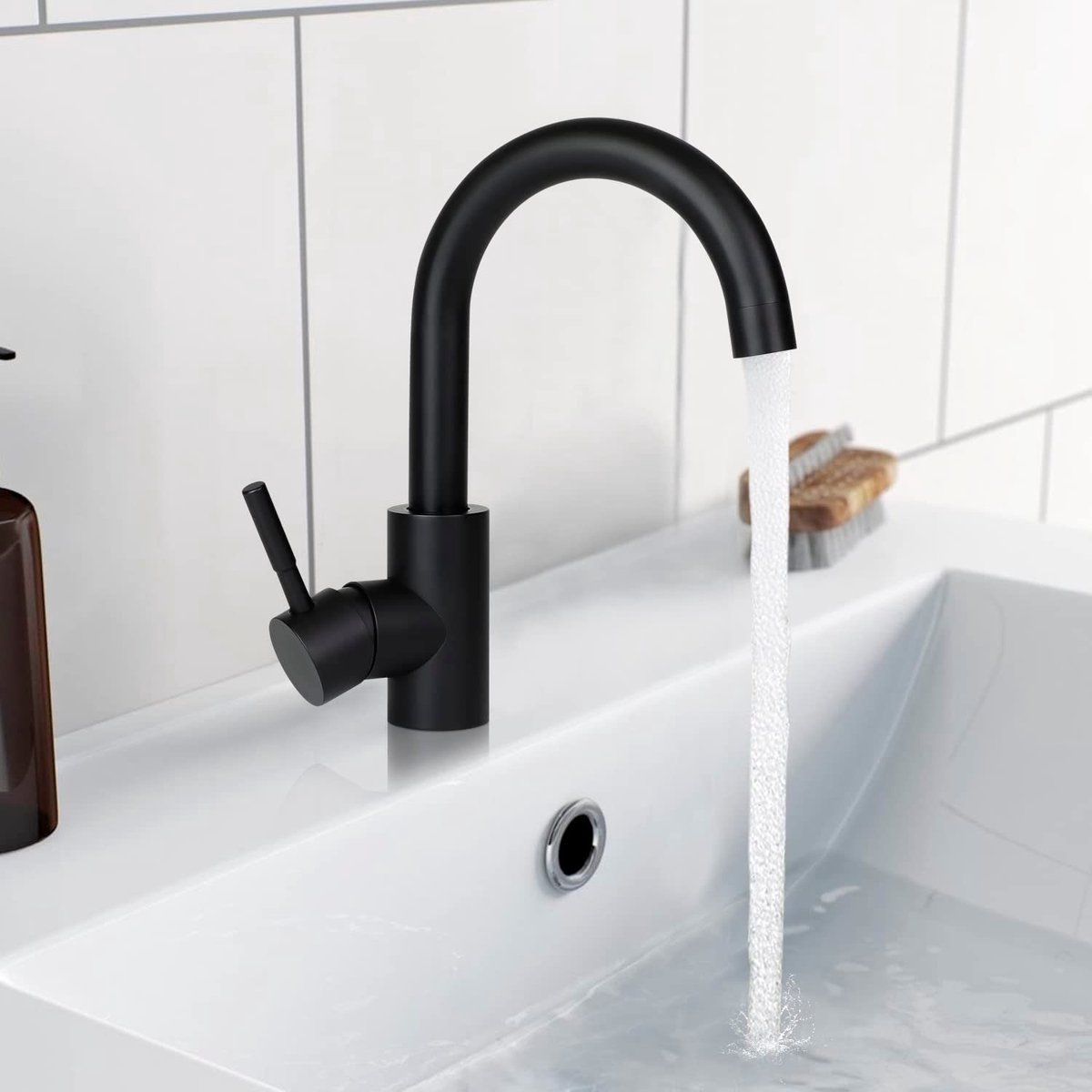 NETTLIFE Wastafelkraan - zwart - 360° Draaibaar - Hoge uitloop - Badkamerkraan - Warm en Koud - H 24cm - Badkamerkraan - voor Badkamer | WC | Spoelkeuken - RVS