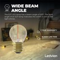 Amberkleurige G45 E27 LEDlamp met 320° brede lichtbundel, 2 jaar garantie, 15.000 uur levensduur.