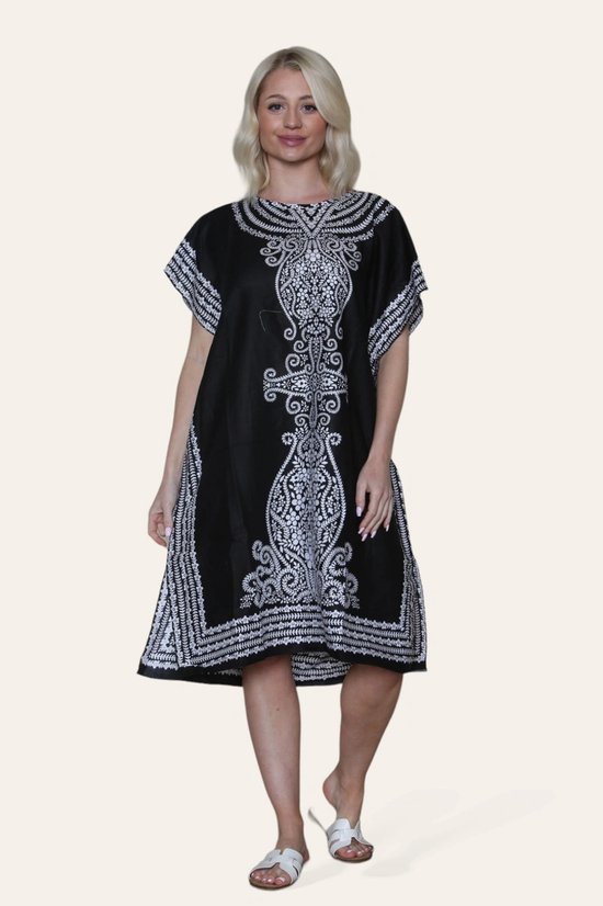Lange dames kaftan jurk Irina-fantasiemotief-zwart wit-strandjurk-Maat M/L