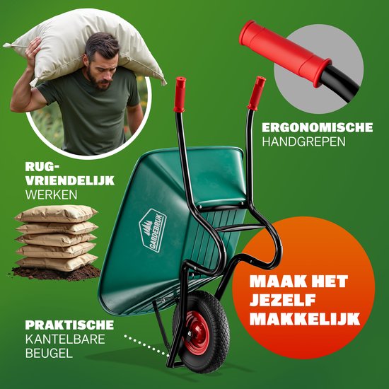 Groene kruiwagen met ergonomische rode handvatten. Een man draagt een zak op zijn schouder. Stapel zakken.