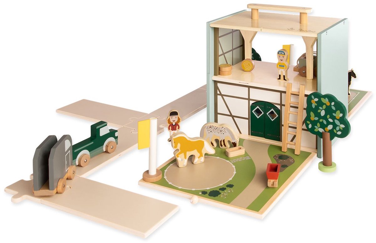 houten speelgoed manege - paardenstal- Reiterhof "Lisse" - met accesoires- opklapbaar -als koffer makelijk mee te nemen