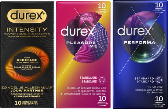 Drie Durex condoomverpakkingen: Intensity (ultradun, latexvrij), Pleasure Me (ribbels) en Performa (vertragend).