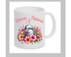 Bedrukte mok met dolfijn in bloemen en tekst Hoera Diploma A, Zwemdiploma A, Diploma A, Zwemdiploma, Cadeau, XLX®