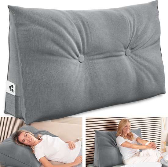 Coussin de soutien dorsal ELONEO, coussin triangulaire et coussin de tête de lit pour lit et canapé, housse amovible et lavable, poche latérale pratique - 90 cm de large