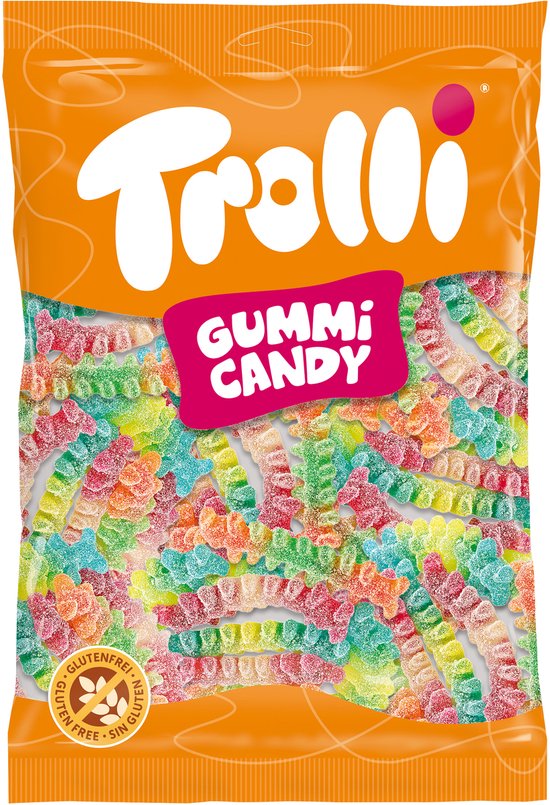 Oranje zak met Trolli gummi snoep in de vorm van duizendpoten, in regenboogkleuren en zuur.